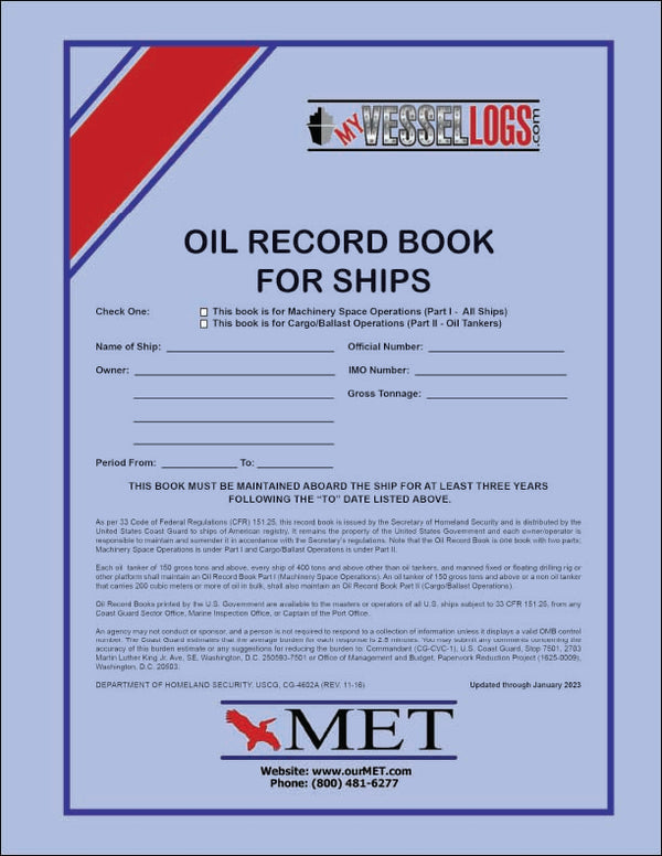MET Oil Record Books For Ships Captain's Nautical Books & Charts