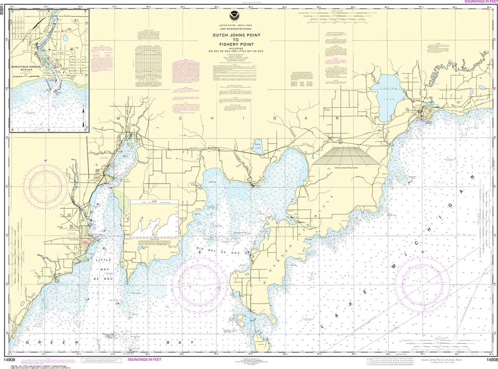 NOAA Chart 14908: Dutch Johns Point to Fishery Point, Including Big Bay de Noc and Little Bay de Noc; Manistique