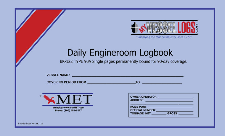 A daily engineer's logbook cover page from MyVesselLogs.com, featuring a light blue background with a red and blue diagonal stripe in the top-left corner, black text, and the MET logo at the bottom left.