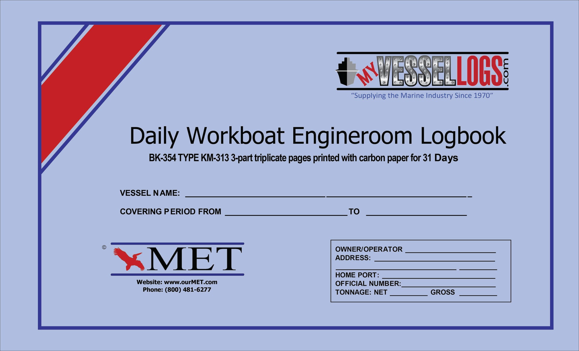 Engineroom Logbook BK-126 Type 313 Three part (triplicate) pages with carbon bound for 31 Days