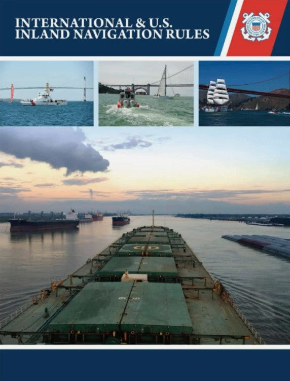 Cover of 'International & U.S. Inland Navigation Rules' with images of ships and a bridge.