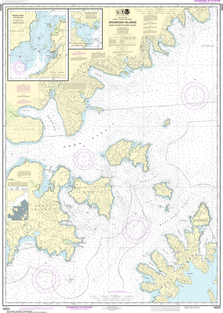 NOAA Chart 16553: Shumagin Islands - Nagai Island to Unga Island Delarof Harbor, Popof Strait - Northern Part