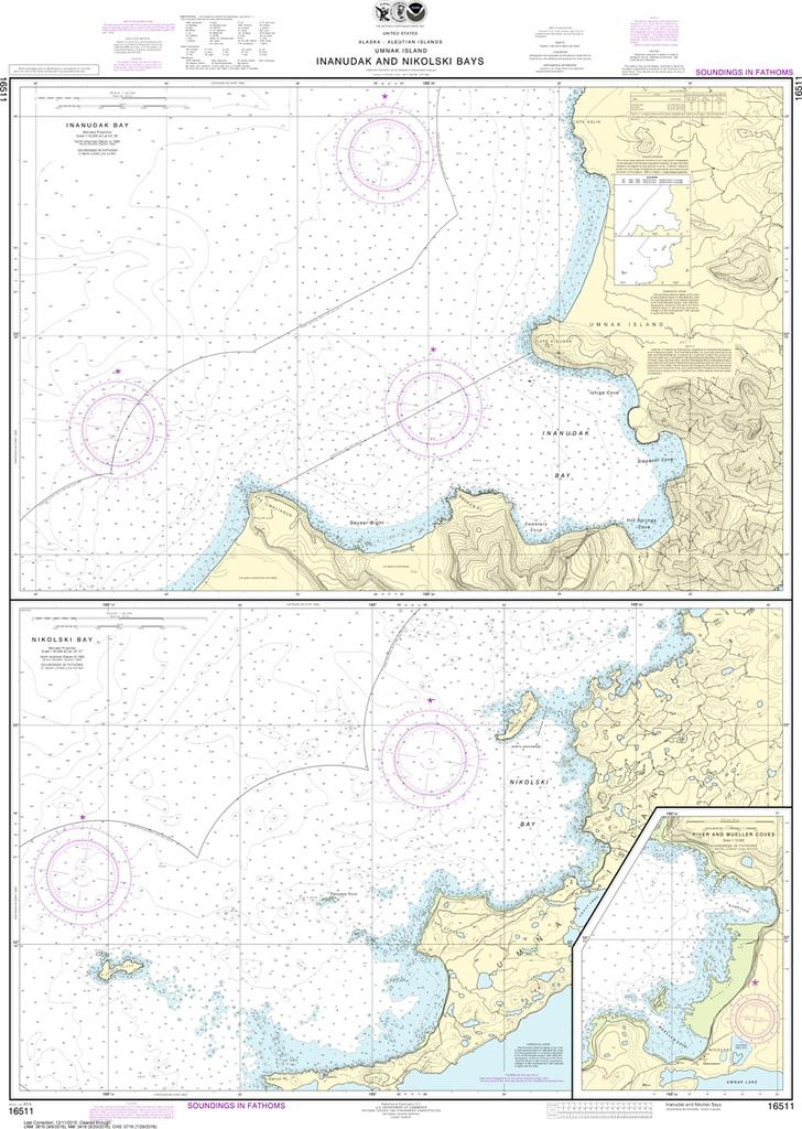 NOAA Chart 16511: Inanudak Bay and Nikolski Bay, Umnak lsland, River and Mueller Coves