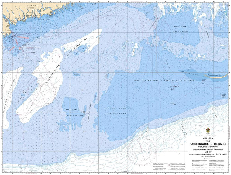 CHS Chart 8007: Halifax to / à Sable Island / Île de Sable, Including / y compris Emerald Bank / Banc dÉmeraude and / et Sable Island Bank / Banc de lÎle de Sable
