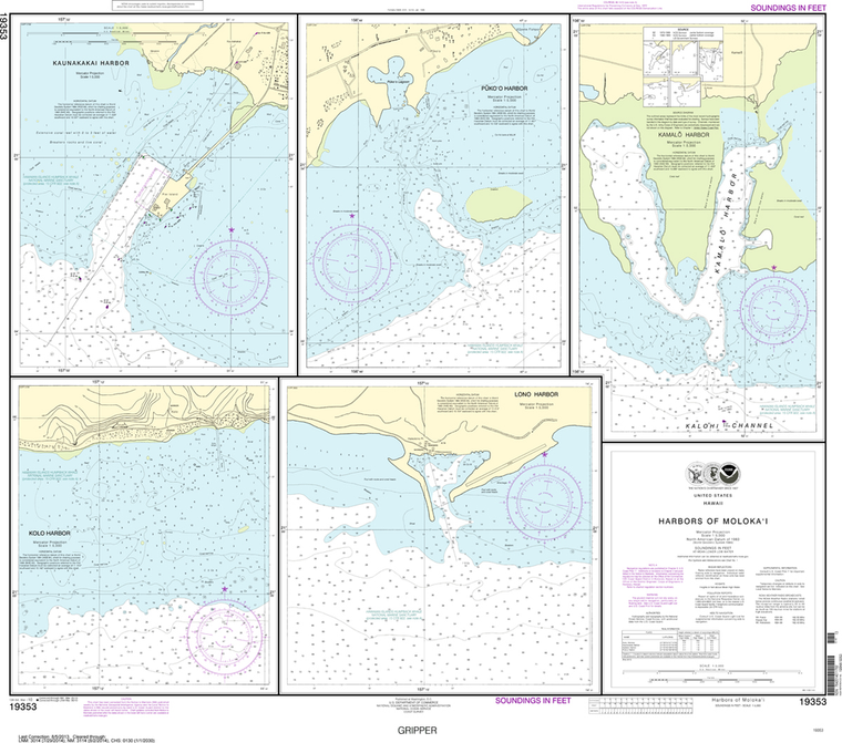 NOAA Chart 19353: Harbors of Moloka'i - Kaunakakai Harbor, Pukoo Harbor, Kamal' Harbor, Kolo Harbor, Lono Harbor