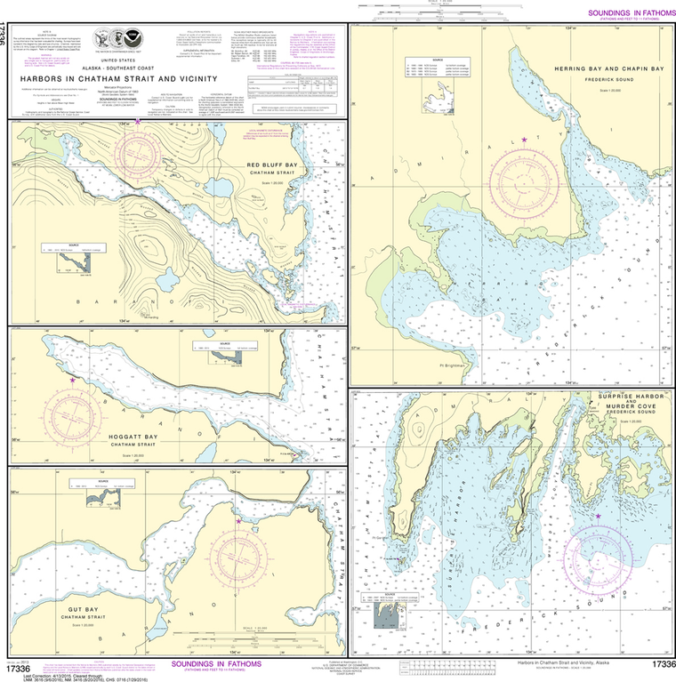 NOAA Chart 17336: Harbors in Chatham Strait and Vicinity - Gut Bay, Hoggatt Bay, Red Bluff Bay, Herring Bay and Chapin Bay; Frederick Sound - Surprise Harbor and Murder Cove