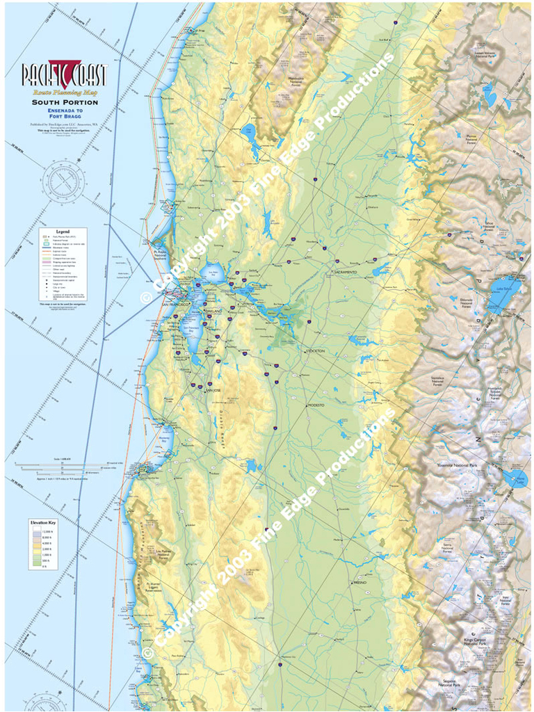 Pacific Coast Route Planning Map: South Portion, San Diego/Ensenada to Fort Bragg