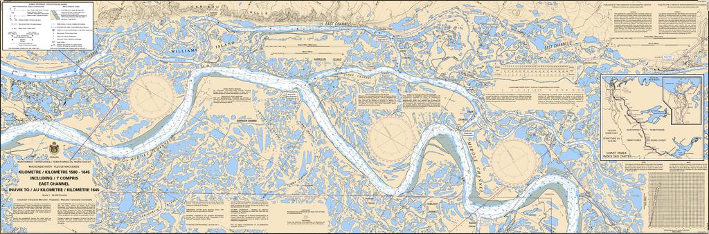 CHS Chart 6429: Kilometre/Kilomètre 1580 - 1645 including/y compris East Channel, Inuvik to/à Kilometre/Kilomètre 1645