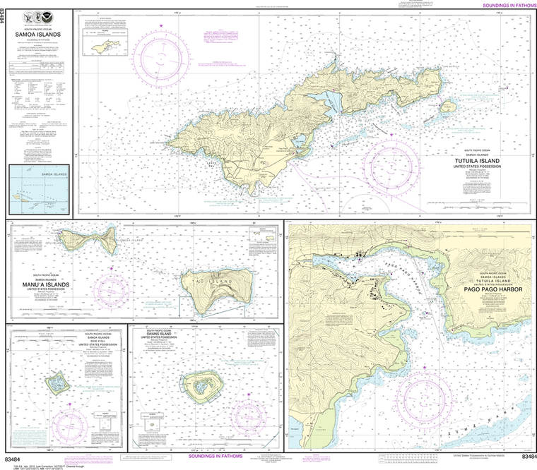 NOAA Chart 83484: US Possessions in Samoa Islands - Manua Islands, Pago Pago Harbor, Tutuila Island, Rose Atoll, Swains Island