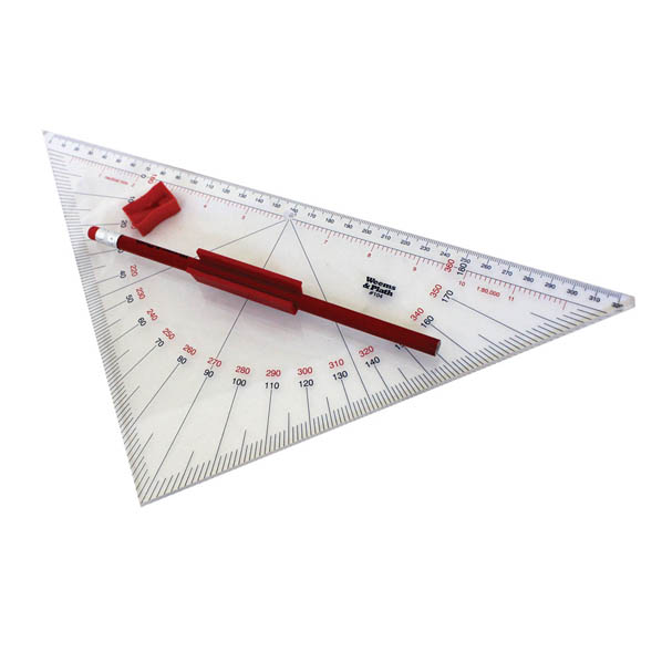 A professional protractor triangle with a red handle and measurements marked on its sides, placed on a white background.