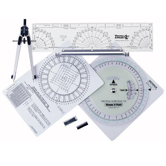 A collection of navigational tools including a compass, parallel plotter, slide rule, and course identifier, packaged in a plastic pouch with a staple gun and ruler.
